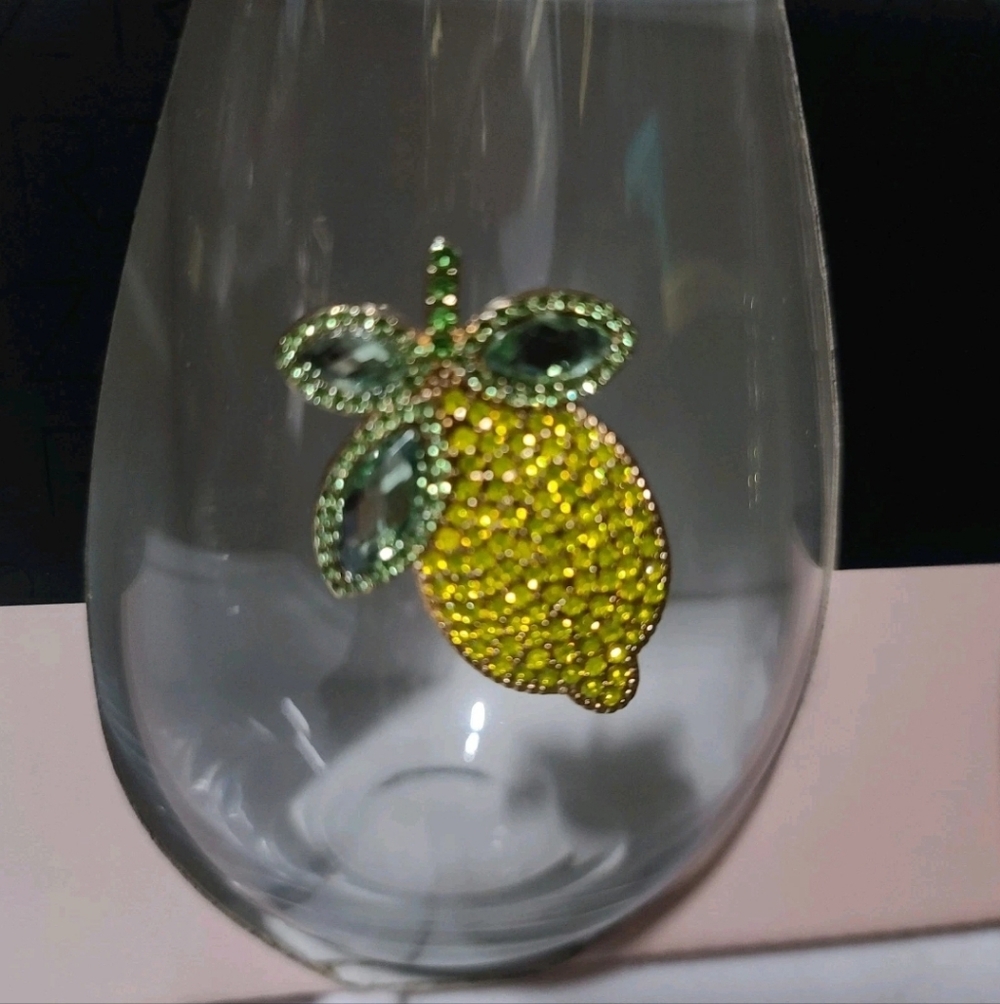 2pc Rachel Zoe Lemon Jeweled Rhinestone Stemless Wine Glass Cocktail Set NEW - Picture 5 of 8